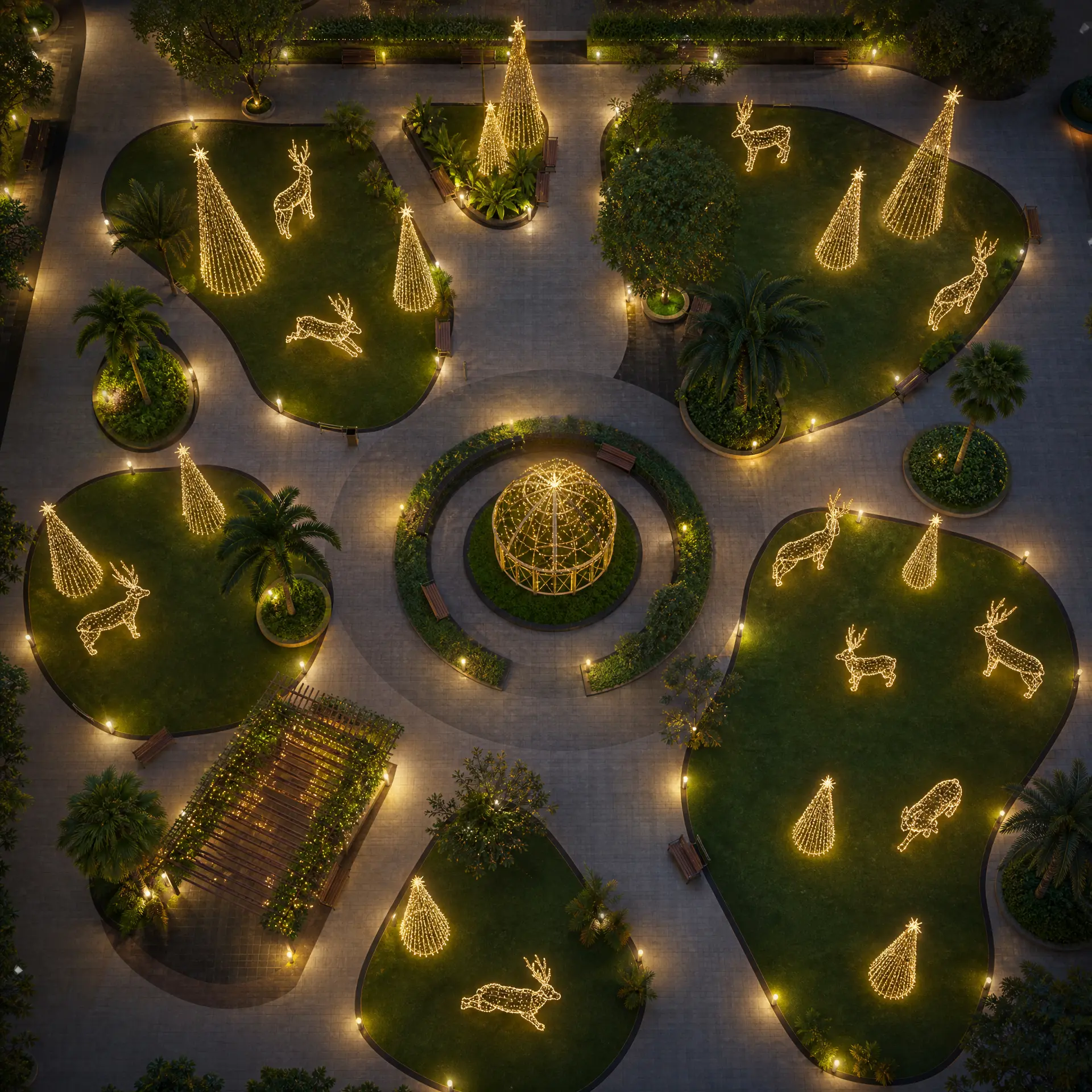Vista aérea de praça com canteiros, renas e árvores iluminadas